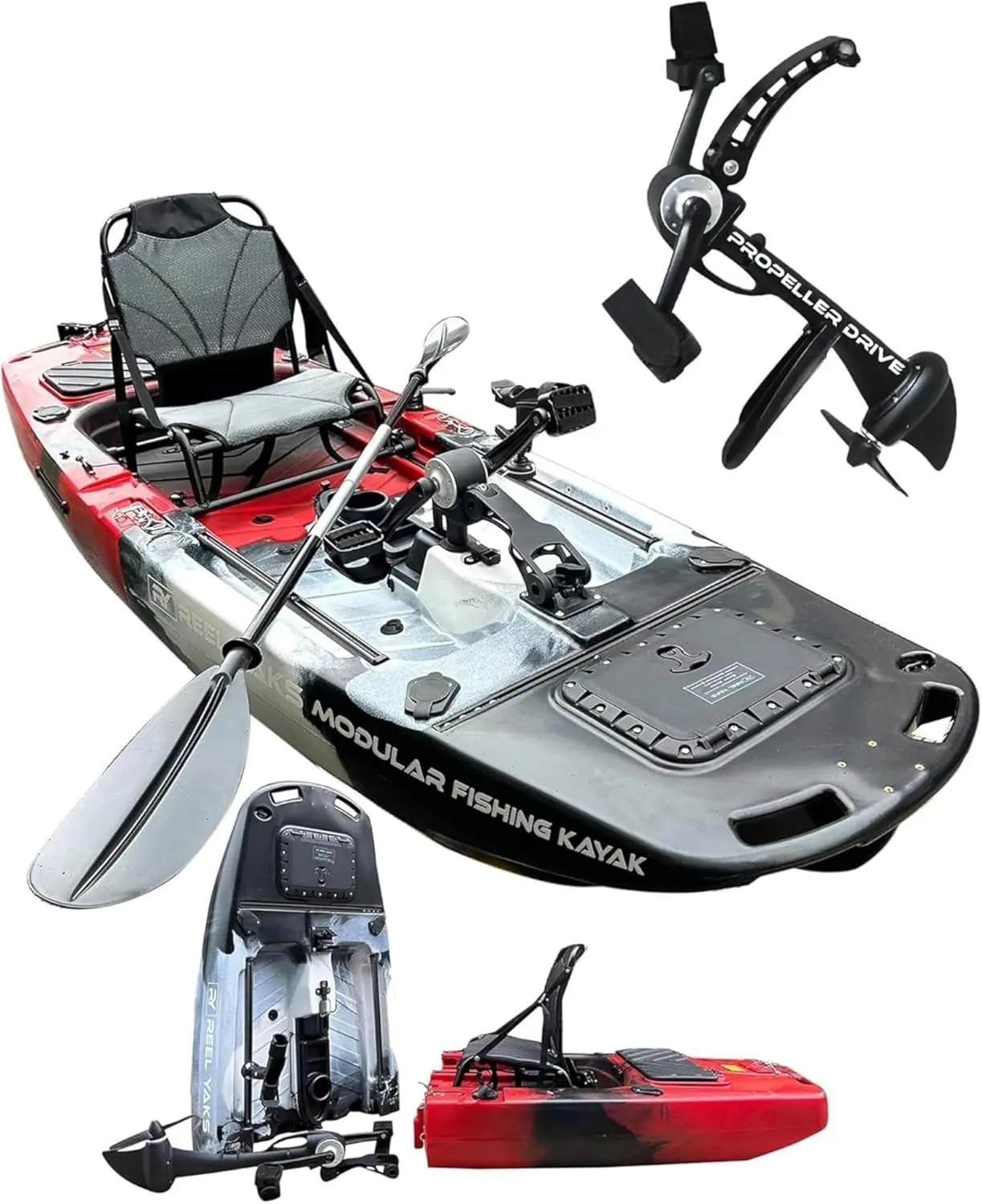 Reel Yaks Raider Modular Fishing Kayak - 9.5ft, 380 lbs Capacity, Red White Black - Pedal Fishing Kayaks for Adults & Youth, Sit on Top, Compact Storage, Lightweight, Easy Transport
