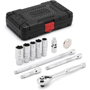 11 count 3/8" Drive Socket Accessory Set, SAE/Metric, 6 Point Spark Plug Sockets, Universal Joint, Extension Bar, Ratchet Wrench, Spark Plug Gap Gauge