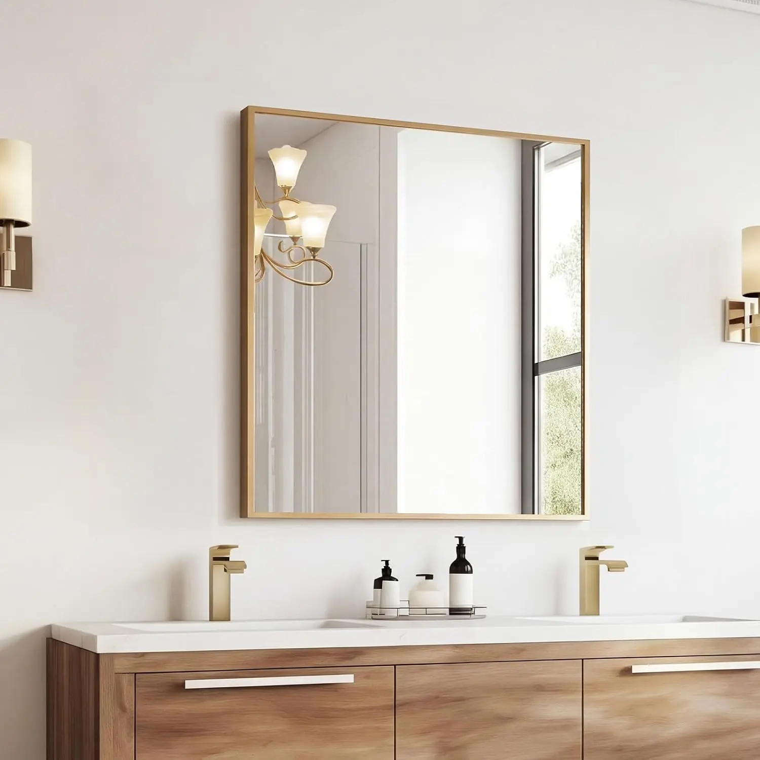 Bathroom Wall Mirror, Vanity Mirror, 30x36 Inch Rectangle Metal Frame, Tempered Glass, Over Sink Entryway, Living Room Hang, Anti-Rust