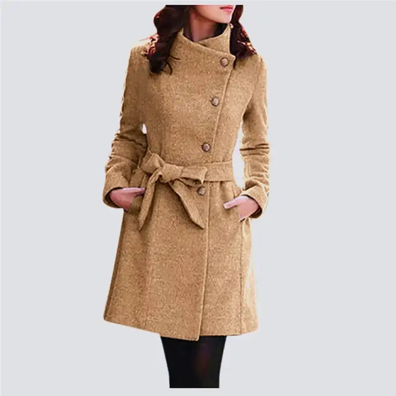 Women's Khaki Lapel Wool Overcoat - Fitted Long Sleeve Casual Trench Jacket with Button Closure & Belted Design for All Seasons