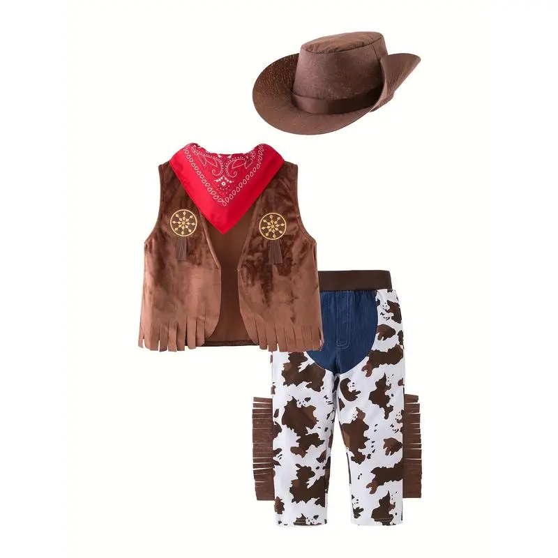 Boys' Western Cowboy Costume, 4-Piece Cute Cotton Pants Outfit Set with Vest, Hat & Scarf for Themed Parties & Dress-Up, Costume For Parties, Themed Party Outfit