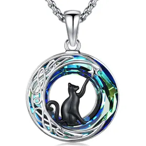 DRINSPER Cat Necklace 925 Sterling Silver Pendant & Crystal Round Fashion Jewelry for Cat Lovers