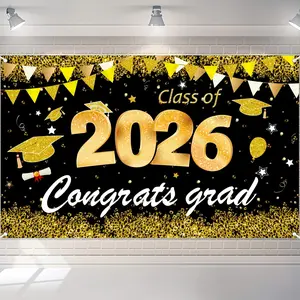 Class of 2026 Graduation Banner - Black and Gold Congrats Grad Backdrop for 2026 Graduation Party Decorations43x71in