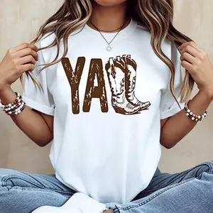Yall Cowboy Boot Print T Shirt White Crewneck Casual Wear For Women Western Style Outfit Country Music Festival Party Clothes