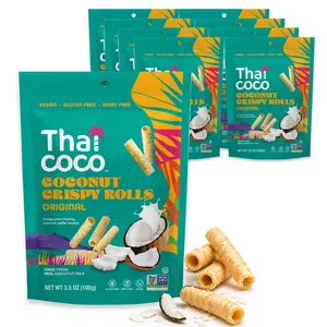 Thai Coco Original Crispy Coconut Rolls 8 Bag (3.5 oz) - Organic Tropical Snack, Vegan, Gluten-Free, Dairy-Free, Non-GMO, Light Fluffy Healthy Snack