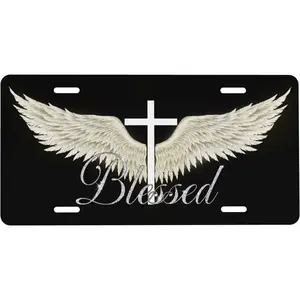 Aluminum Wing Cross Blessed Front License Plate - 6x12 in Standard Size, Christian Theme Vanity Tag for Car, Truck, Pre-Drilled Holes, Faith Reminder Religious Gift, Faith Reminders