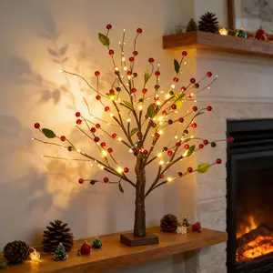 1/2 Pack 24LED Artificial Red Berry Tree, Yellow Desktop Fairy Tree Lights with Red & Gold Berries, Warm White Light, USB or AA Battery Powered, Ideal for Christmas Thanksgiving Holiday Home Bedroom Table Decor