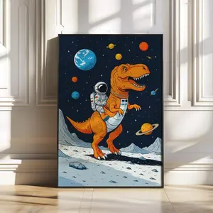 Astronaut Riding T-Rex in S.pace Poster, Funny Dinosaur Wall Art for Kids Room in Bold Comic Style, O.uter Space Frameless Poster -  Canvas Print