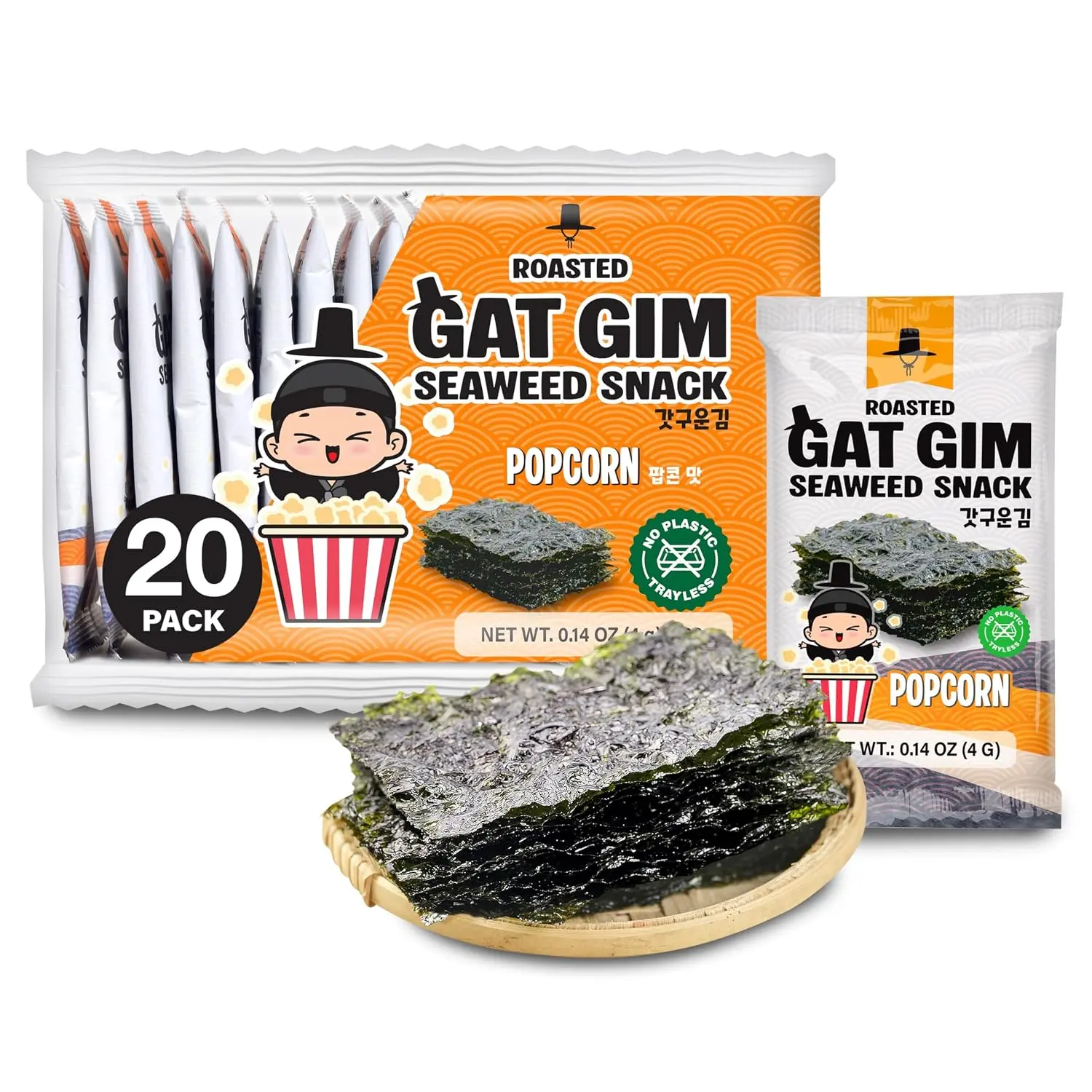 Jayone GAT GIM Roasted Seaweed Snack Popcorn Flavor, 20 Pack, 0.14 oz Individual Packs, Low Fat Crispy Gim Seaweed