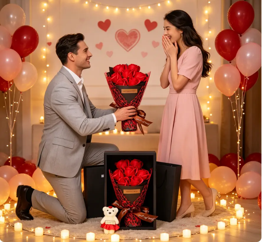 Forever Love Rose Bouquet - Romantic Gift & Cozy Home Decoration Romantic Rose Bouquet - Valentine's Day Gift Box Red Rose Soap Flower Bouquet with Bear - Valentine's Day Gift for Her