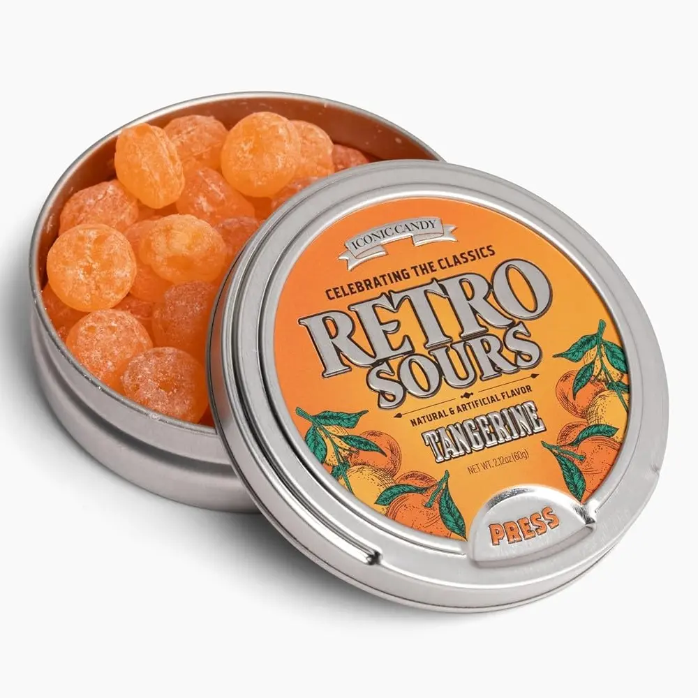 Retro Sours Tangerine Hard Candy (1 - 2.12oz Tin) – Tangy Sour Candy Tin, Classic Fruit Candy, Nostalgic Retro Treat