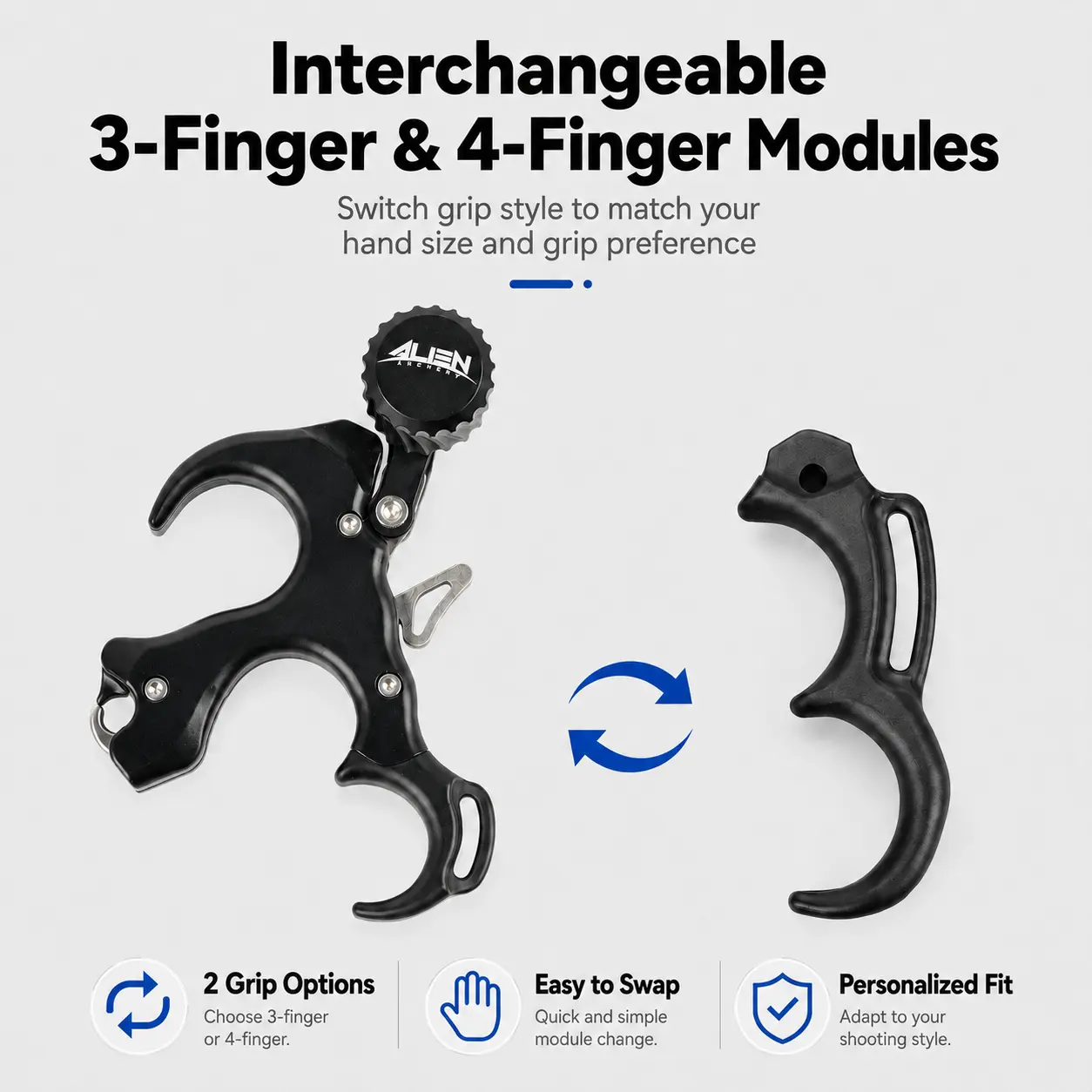Adjustable 3/4 Finger Thumb Release Aid for Compound Bows - Open-Jaw Hook Design with Interchangeable Grips and Adjustable Wrist Straps, Release Aids, 117G, 3-Finger & 4-Finger Modules