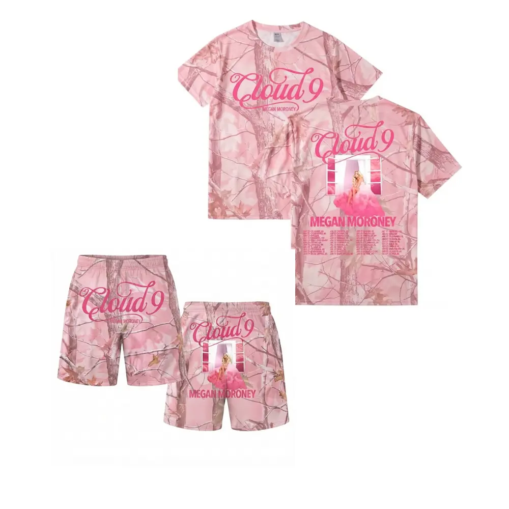 Set T-shirt Shorts Megan Moroney Cloud 9 Vintage Pink Camo All Over Print 3d