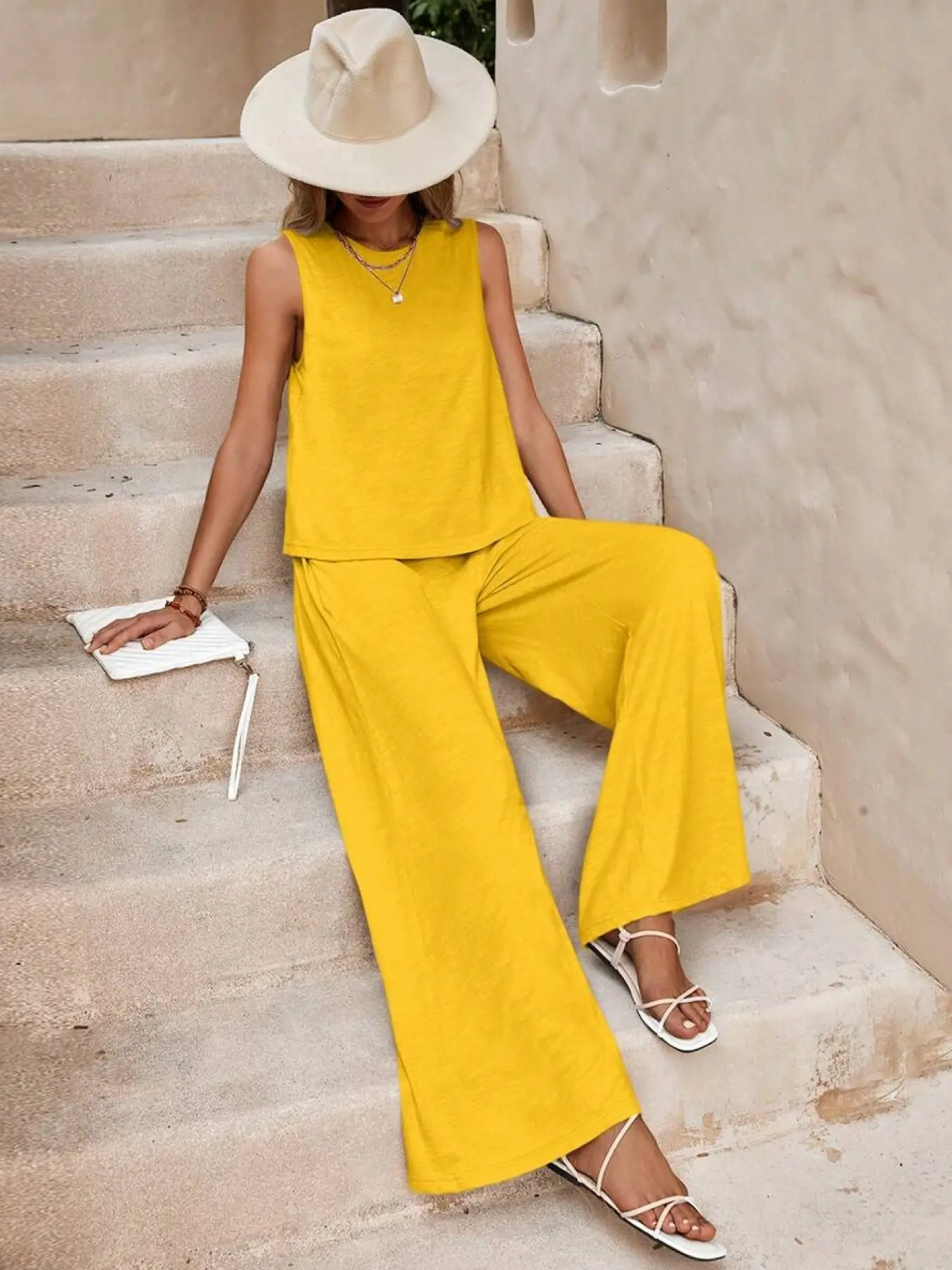 A two-piece casual set with a yellow sleeveless top and high-waist wide-leg pants, offers a relaxed style, suitable for everyday commuting, weekend shopping, Women Relaxed Lounge Set, Solid Loungewear Set