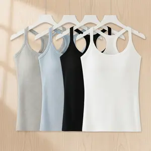 Women's Ribbed Built-in Bra Tank Top | Racerback Cropped Camisole with Removable Pads | Wireless Supportive Workout Yoga Top | Stretchy Athletic Basics Bodyshaper Sleeveless Tee | Comfortable Summer Essential Bra Cami for Everyday Wear Multi-Color