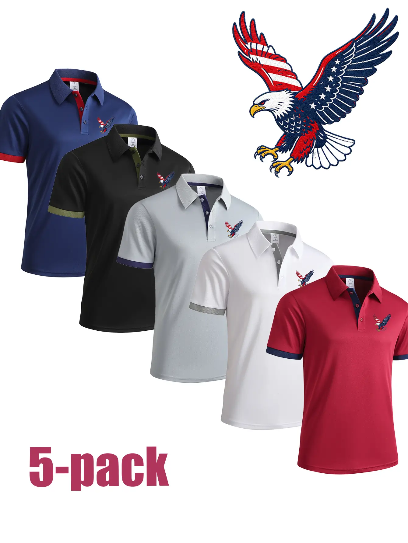 Men's 5-Pack American Eagle Short-Sleeved Turn-Down Collar Polo Shirts - Chest Patch Print, Colorblock, Smart Casual Style, Contrast Trims, Button Closure, Smooth, Minimalist, Breathable, Basic Fabric, Multiple Colors (Black, Blue) for Office Use