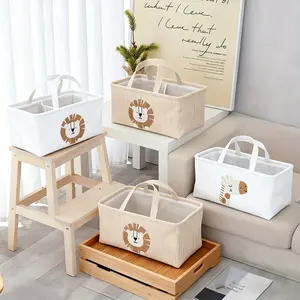 Cute Cartoon Lion Storage Basket with Handle & Divider, Portable Diaper Caddy Organizer for Baby Nursery, Toy & Clothes Storage Bin for Home