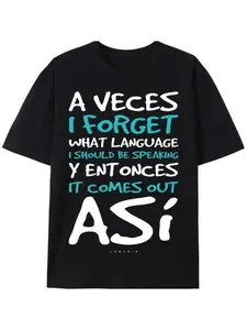 [Breathable Cotton] Funny Spanish Quote T-Shirt - "A Veces I Forget What Language" Men'S Casual Cotton Tee, Black With White & Blue Print, Round Neck, Perfect For Outdoor Activities & Casual Attire
