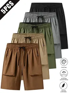 Pack of 5 men’s solid-color minimalist athletic shorts—summer lightweight running/fitness shorts, loose and breathable casual mid-length shorts for summer comfort; men’s everyday bottoms, men’s shorts