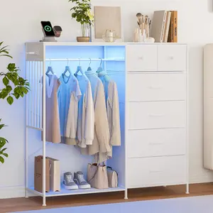 49.2" w Dresser with Hanging Rack & LED Lights, 6-Drawer Closet Organizer with Charging Station, Tall Storage Tower for Bedroom, Reversible Wood Top Chest, Sturdy Frame