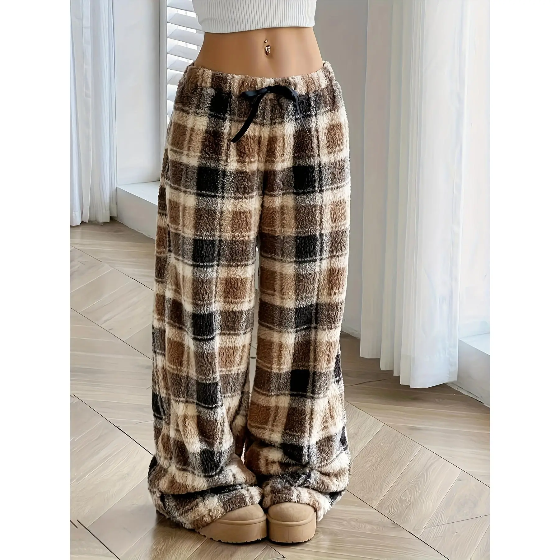 Plaid Flannel Pants for Women Warm Elastic Cuff Design Fall Winter Lounge Wear