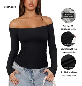 BOBA BOX Women's Long Sleeve Henley Top for Casual Wear, Soft Stretch Modal Blend Slim Fit Shirt Feminine Shoulder Tops