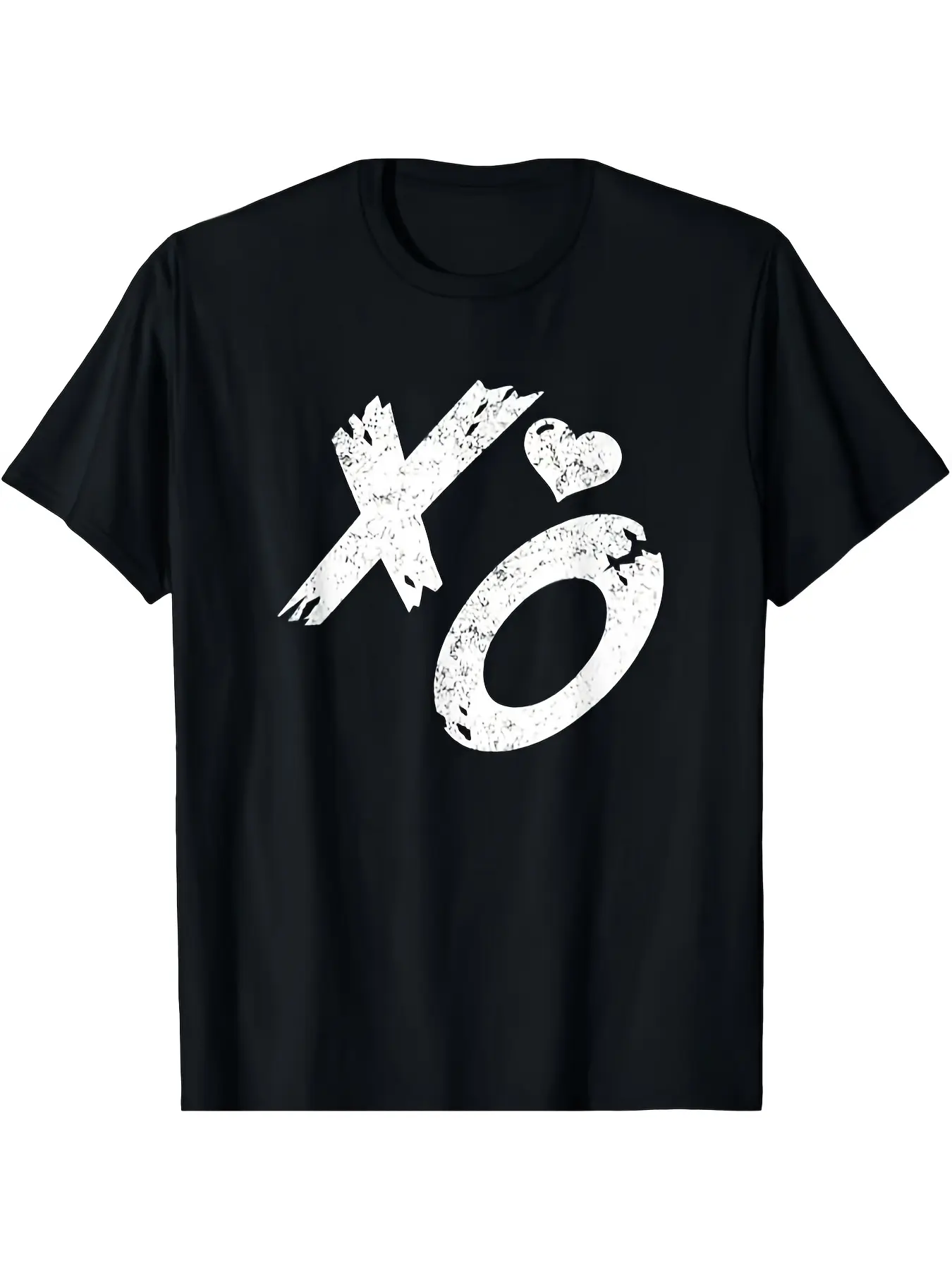 Men'S Vintage Retro XO Hugs & Kisses Distressed Heart Graphic T-Shirt - Black with White XO Lettering, Soft Round Neck Casual Tee for Casual Attire, All-Season Comfort, Nostalgic Casual Style, Adult Men'S Fashion Apparel, Lightweight Regular Fit Casual St