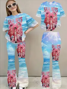 Saja Boys Sea View Heart Idol Group Short Sleeve Bell Bottom Pants Set, Casual Fitted Two-Piece, All over Print
