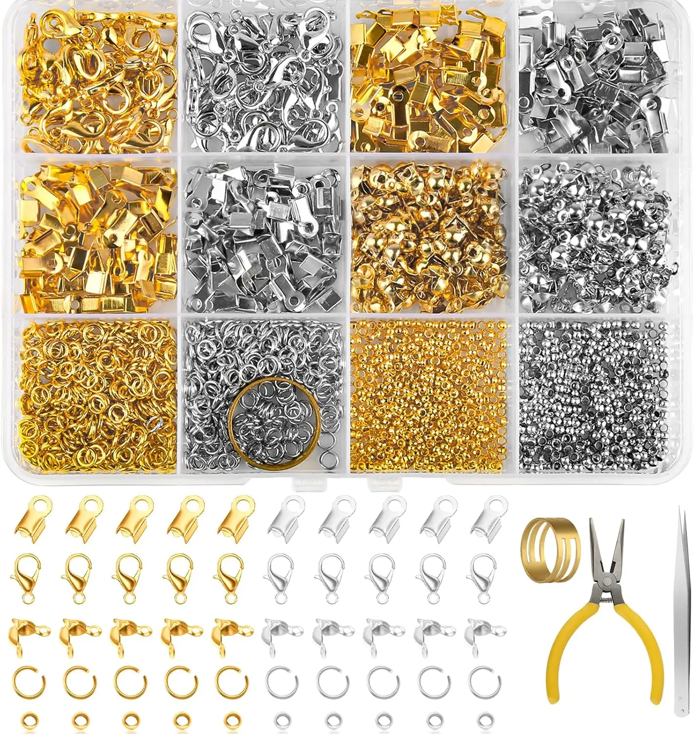 1273-Piece Alloy Metal Jewelry Making Buckle Kit - Gold & Silver DIY Accessories with Lobster Clasps, 200 Wrapped Edge Ends, Clips, Connectors, Positioning Beads, Rings, 1 Pointed Nose Pliers, 1 Straight Tweezer - Ideal for Beginners