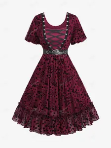 Gothic Puff Sleeves Polka Dot Floral Mesh Flocking Lace Up Ruffles Ruched A Line Dress with PU Buckle Belt