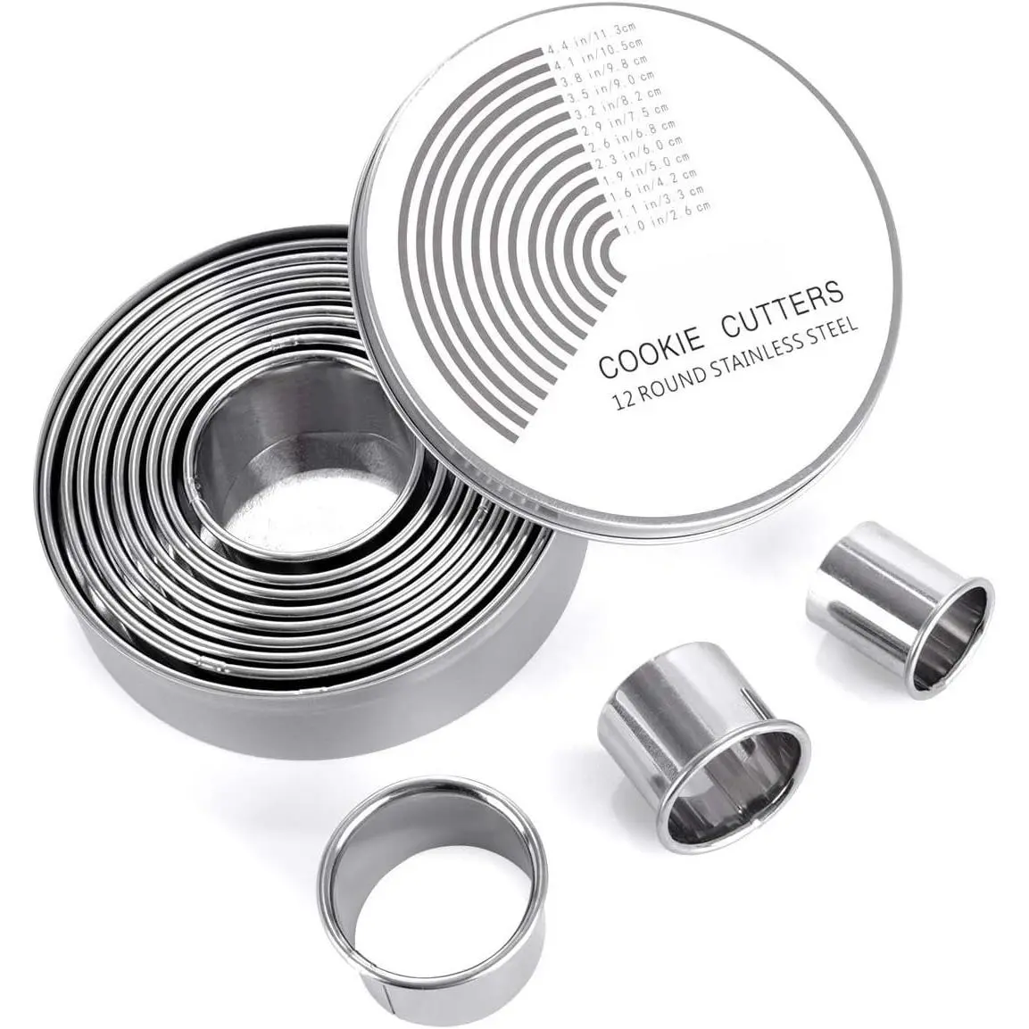 12-Count 18/8 Stainless Steel Round Cookie Cutter Set - Kitchen Bakeware Utensils, Graduated Circle Pastry Cutters, Oven-Safe Donut Cookie Rings for Baking