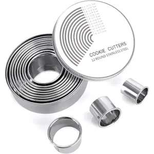12 count Round Cookie Biscuit  Set,Graduated Circle Pastry Cutters,18/8 Stainless Steel Cookie Cutters and Donut  Ring Molds