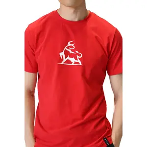 Blaze Bull Red T-Shirt with White Bull Graphic on Front - Slim Fitted Short Sleeve Crew Neck Casual Summer Menswear - Premium Cotton Spandex Blend Breathable Fabric
