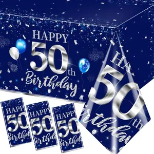 3Pcs 50th Birthday Tablecloth Decorations Sliver and Blue Plastic Table Cover Disposable Waterproof 50th Happy Birthday Party Supplies for Men Women Birthday Table Decorations