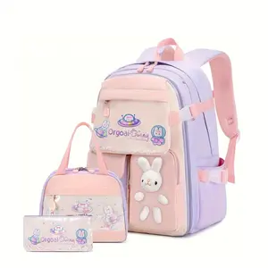 Rabbit Design Girls Backpack Three-Piece Set Handbag Pencil Case Lightweight Nylon Adjustable Straps