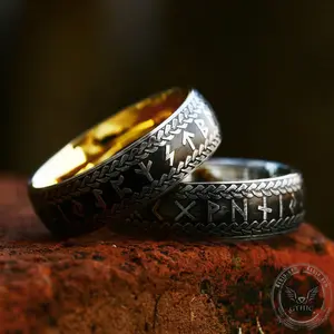 GTHIC Viking Runes Braided Pattern Stainless Steel Ring Nordic Jewelry for Men Women Daily Wear
