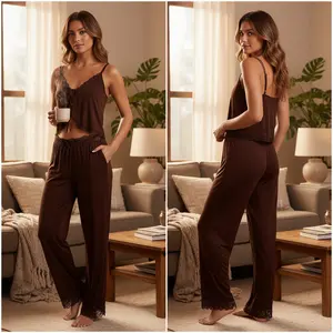 Women Summer Pajama Set Lace Trim Tie Front Cami Tops and Straight Leg Pants 2 Piece Sleepwear Outfit