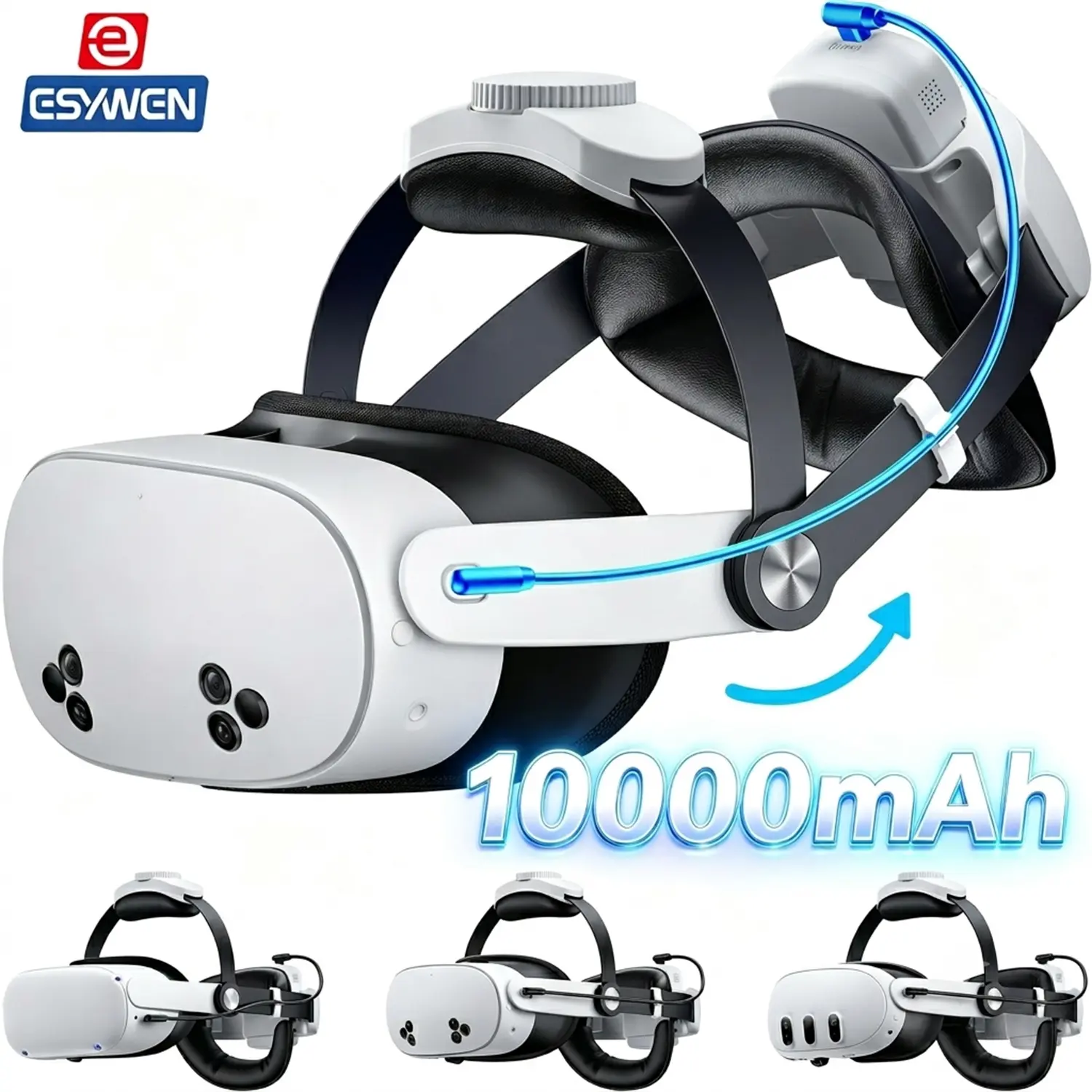 ESYWEN 10000mAh/7500mAh Battery Head Strap for Meta Quest 3/2/3S, Enhanced Stability with 4-Way Adjustment, Easy to Wear, Comfortable & Secure Fit for Oculus Quest 3/2