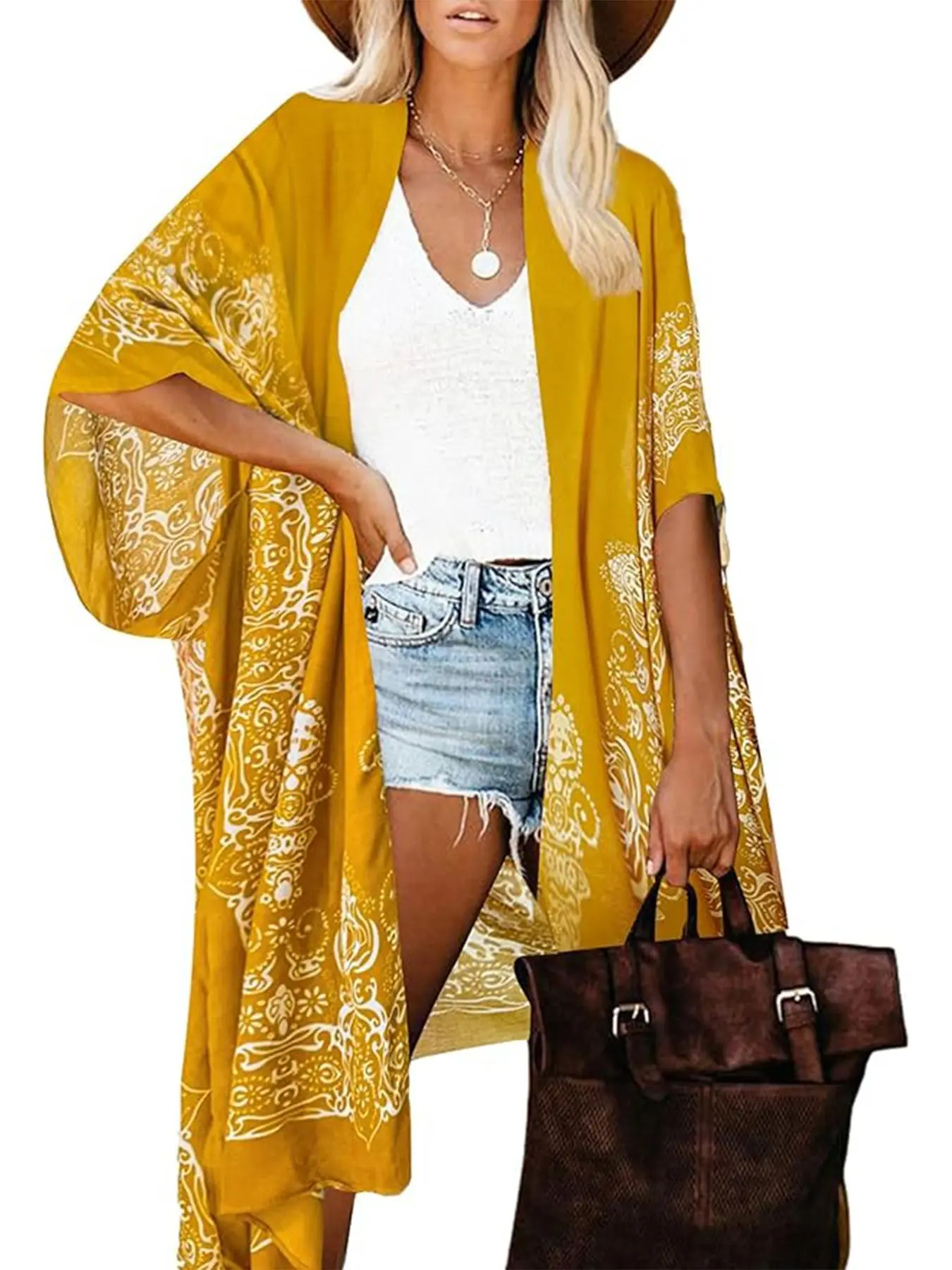 Women's Ethnic Pattern Batwing Sleeve Kimono, Womenswear Clothes Casual Three Quarter Length Sleeve Split Hem Kimono, Ladies Summer Swimwear for Beach Vacation