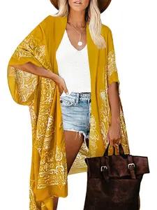 Women's Ethnic Pattern Batwing Sleeve Kimono, Casual Three Quarter Length Sleeve Split Hem Kimono, Ladies Summer Swimwear for Beach Vacation