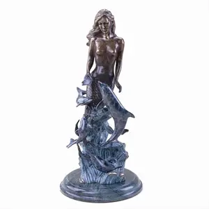 212 MAIN Mermaid with Dolphin Detail Ornament - Marble-Base, Brass-Accent Decorative Metal Statue, Vintage Brass Dolphin Ornate Decoration Large Home Decor Sculpture for Indoor Supplies, Decorative Metal Statues, Dolphin Statues