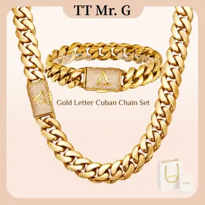 Gold Stainless Steel Cuban Link Necklace & Bracelet Set for Men,14mm Thick Miami Cuban Chain With A-Z Zircon Initial Letter Clasp, Vintage Hip Hop Punk Gothic Style, Luxury Non Fade Golden Matching Jewelry Set, Trendy Daily Wear Gift For Guys