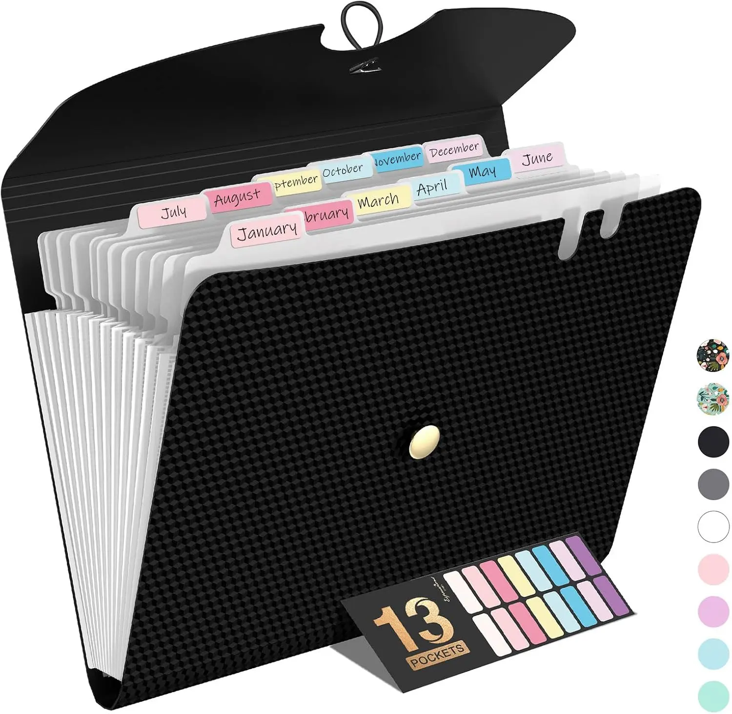 Sooez Multi Pocket Plastic File Folder - 13-Pocket Expandable (13×9.5 in) Accordion Organizer with Labels, Portable Paperwork Holder & Storage for A4/Letter Size Papers, Black, Multi Pocket Folder