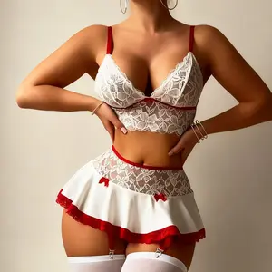 Breathable Design Women Lace Babydoll Lingerie Set in White with Detachable Garter Straps & Bow Accents
