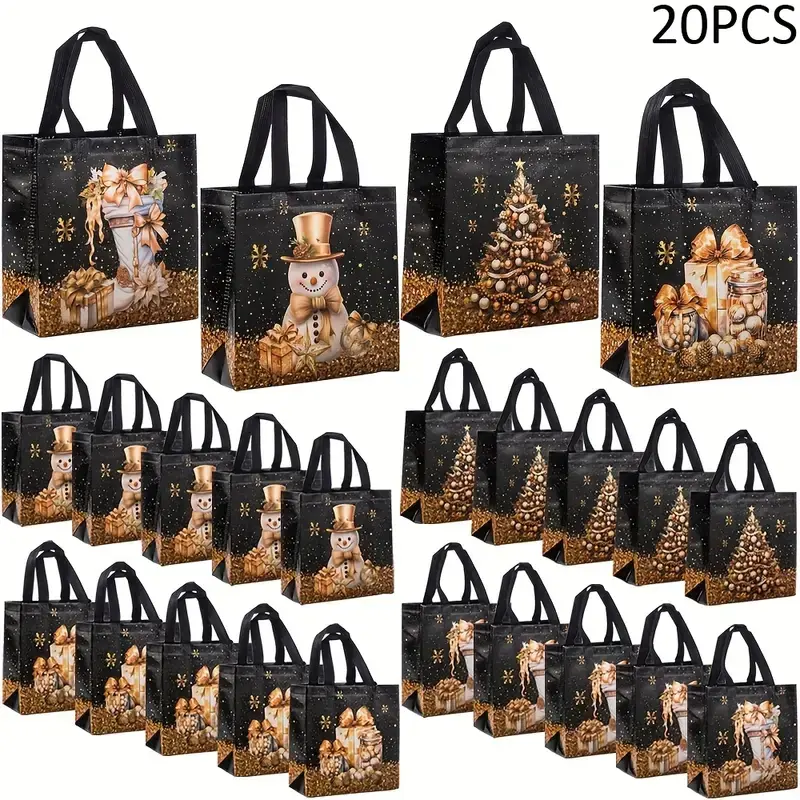 Festive Christmas Gift Bags Set, Goody Bags, Gift Bags Bulk, Holiday Treat Bags, Party Favors Assortment, Party Favor Packs, Snowman, Tree & Stocking Designs, Non-Woven Fabric, Perfect for Holiday Parties