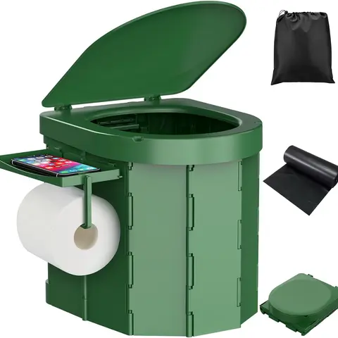 PAHTTO Hygienic Camping Toilet - Foldable, Compact Camping Supplies for Adults/Kids, ABS Build, 400lbs Capacity, 6-8 gal Bag Wrap, Detachable Phone Shelf, Toilet Paper Holder, Waterproof Lid, Portable Car/RV Travel Accessories, Easier to Use
