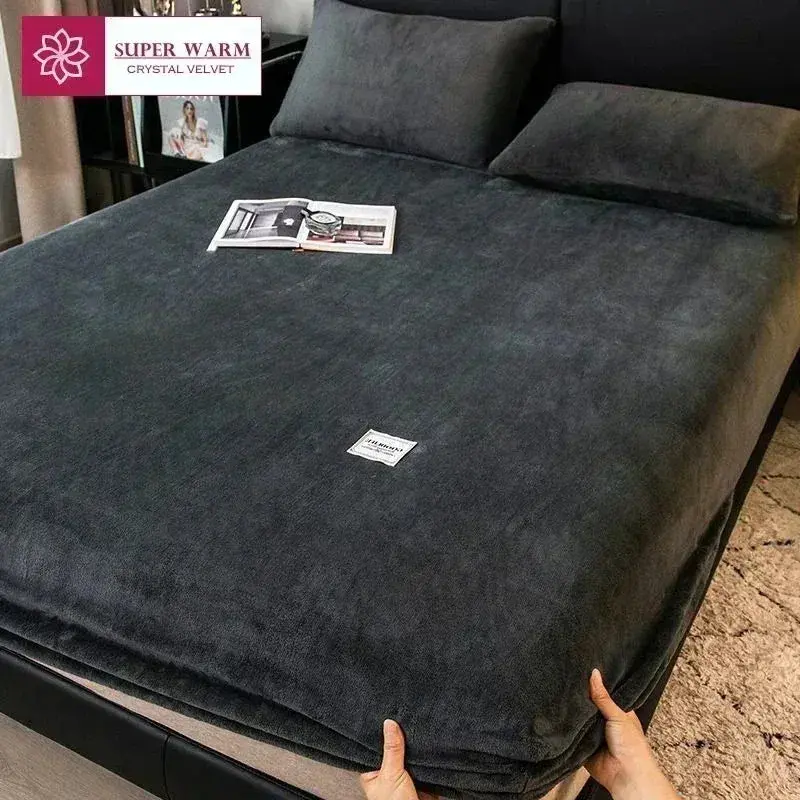 Soft warm plush fitted sheet elastic mattress cover fluffy coral fleece bed linen winter couple luxury double bed bedding
