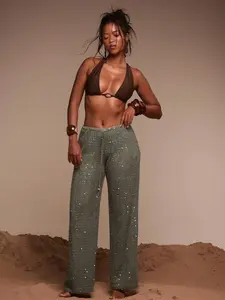 Resort Drawstring Sequin Sparkle Wide Leg Trousers Cover Up Swim Vacation Holiday Summer Travel Beachwear Terra Sol Spring
