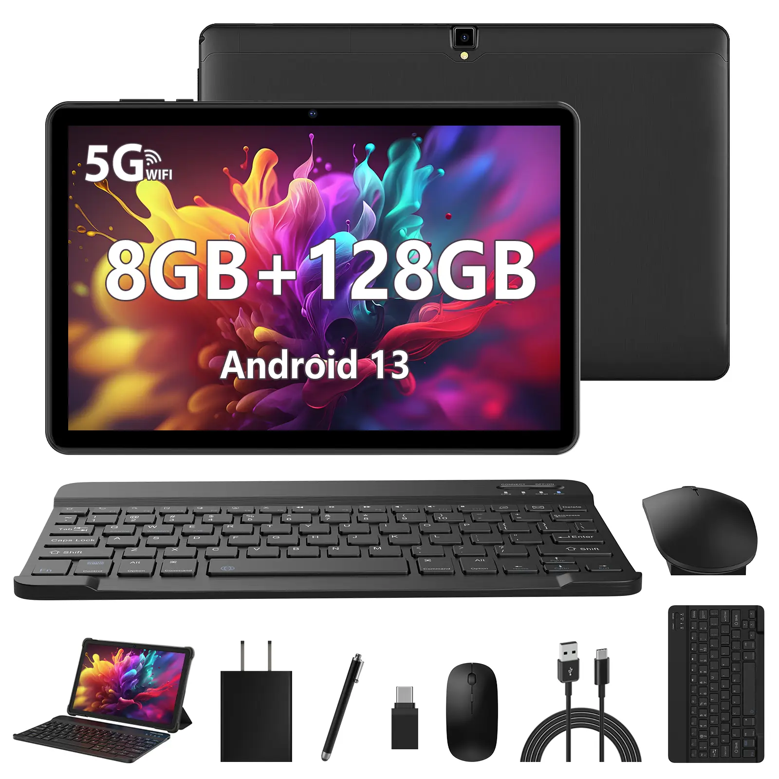 POWMUS 10.1-Inch Android 13 Tablet Bundle, Keyboard, Mouse, Stylus & Protective Case Included, 6GB RAM + 6GB Expansion (12GB Total), 128GB Storage, 1TB Expandable, IPS HD Display, 8000mAh Battery, Dual-Band WiFi Tablet for Work and Study