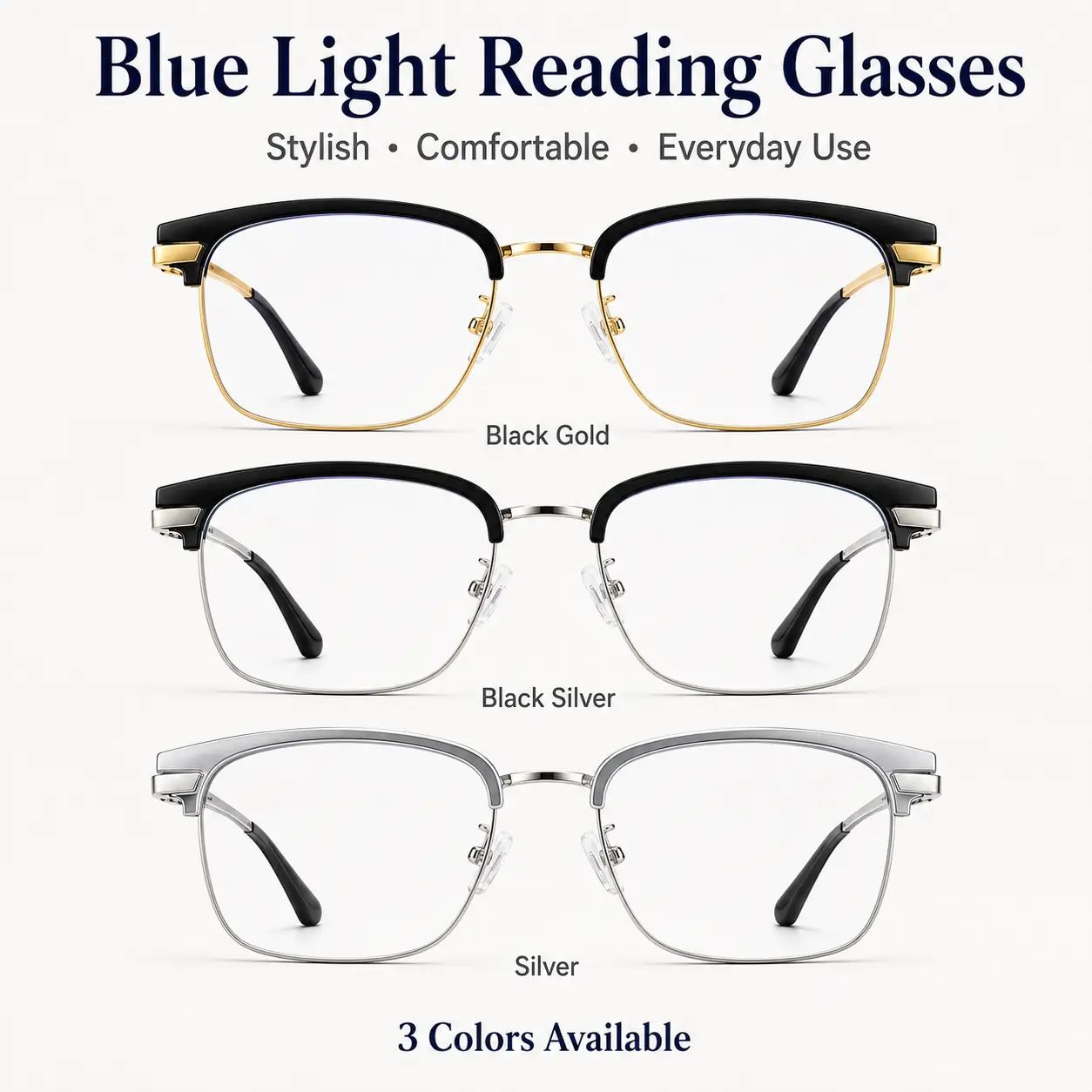Fashion Square Reading Glasses for Women, Classic Browline Blue Light Filtering Readers with Clear Nose Pads for Phone and Computer